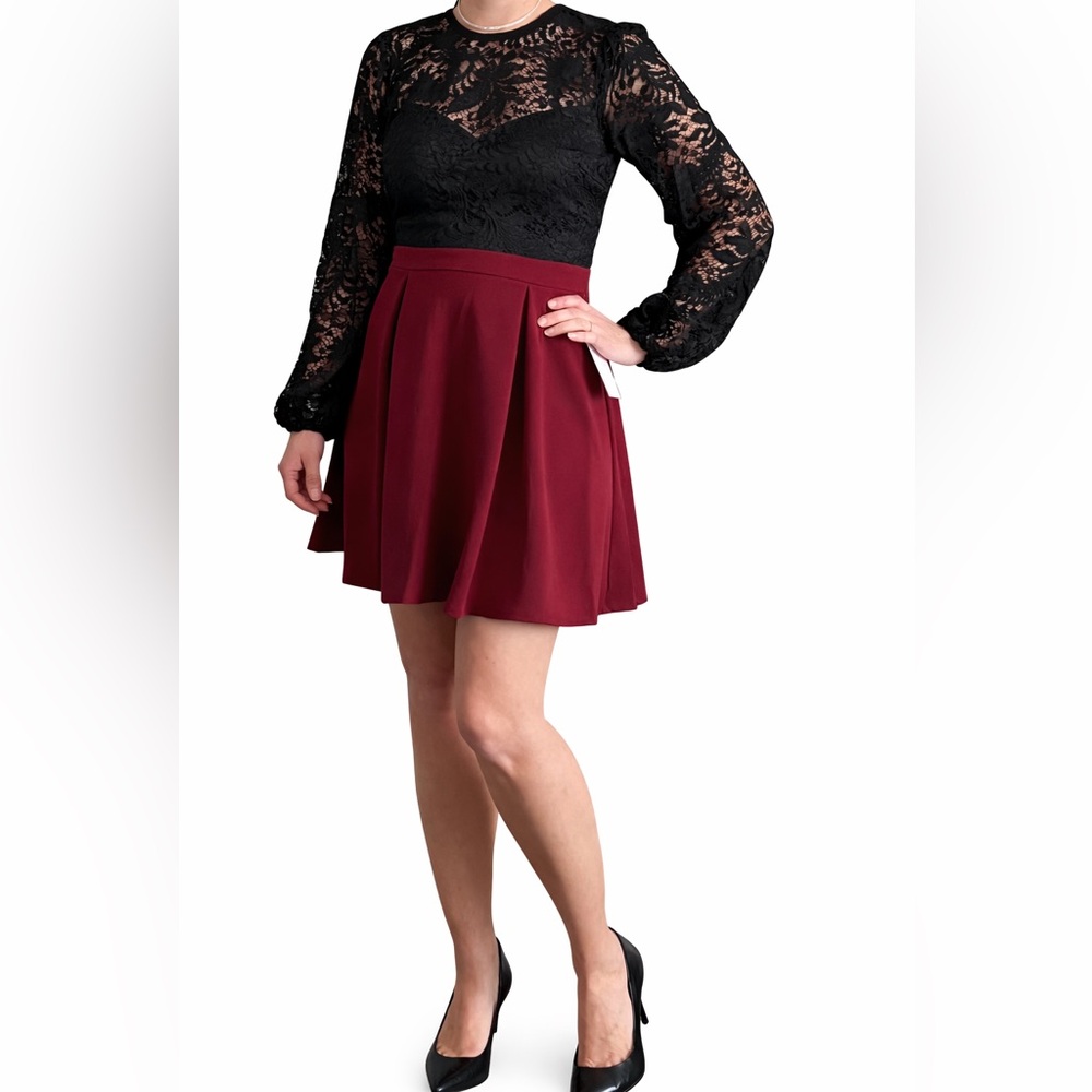 B Darlin Black Cherry Red Lace Long Sleeve Short Fit & Flare Party Dress. 5/6